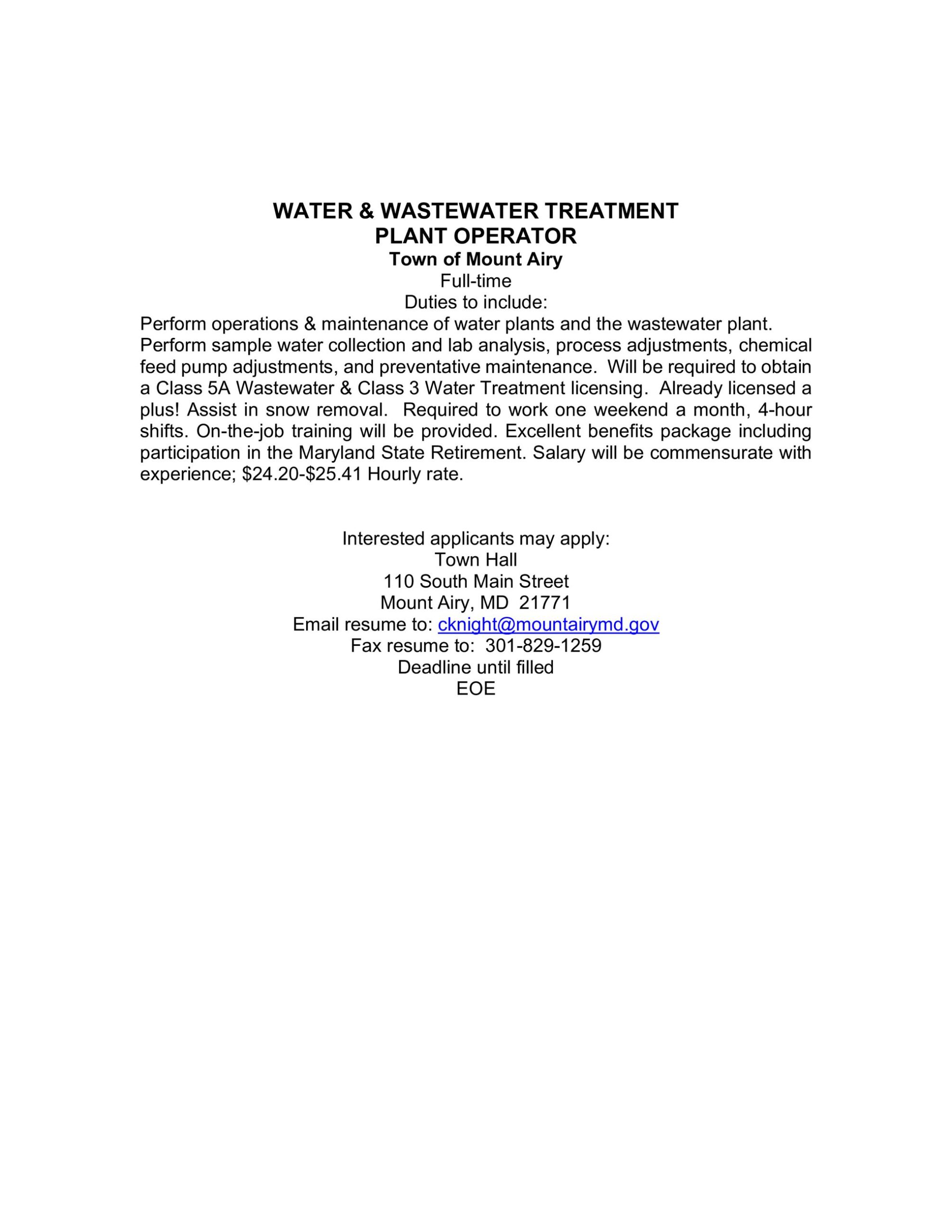 Water & Wastewater Treatment Plant Operator Water & Wastewater Treatment Plant Operator