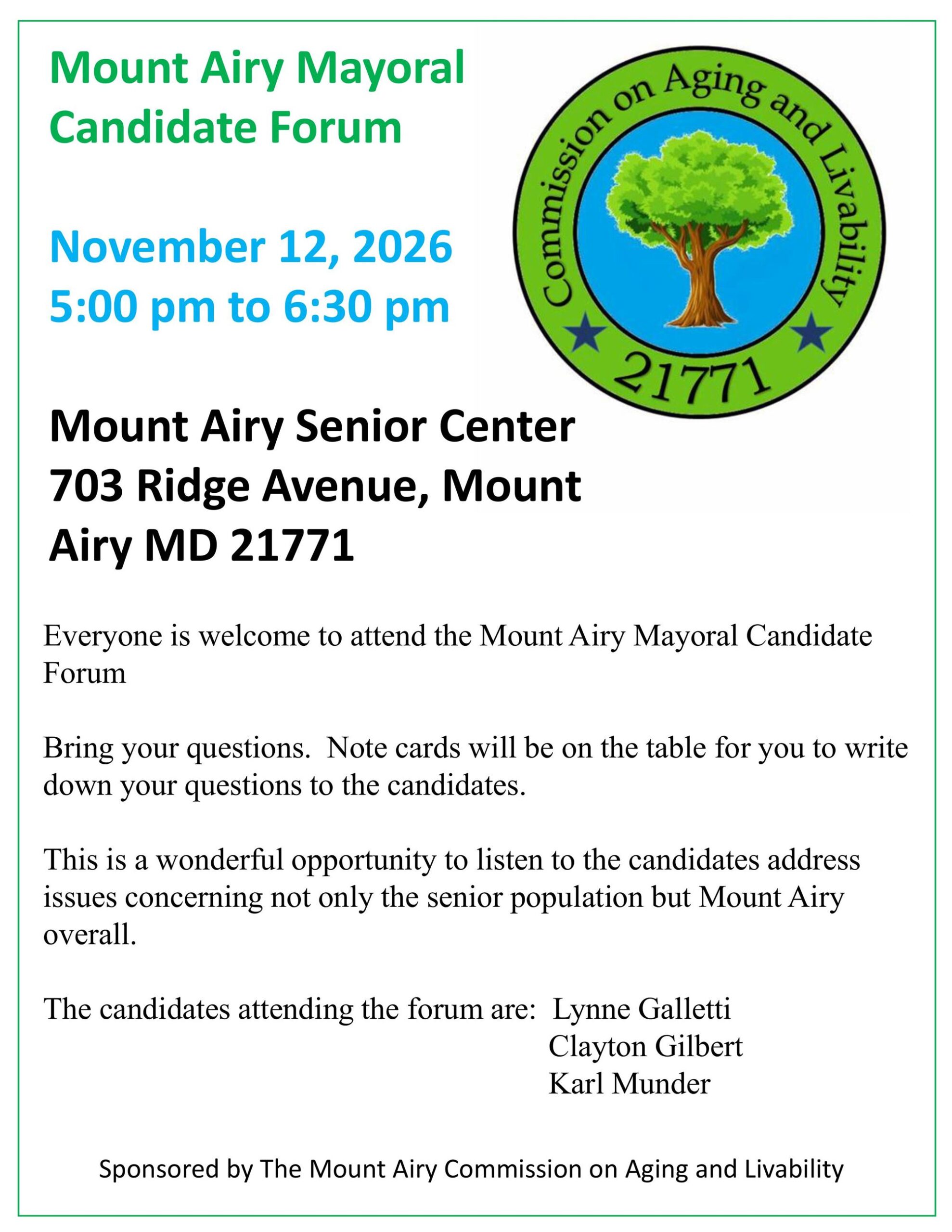 Commission on Aging and Livability to host Mayoral Candidates Forum Nov. 12