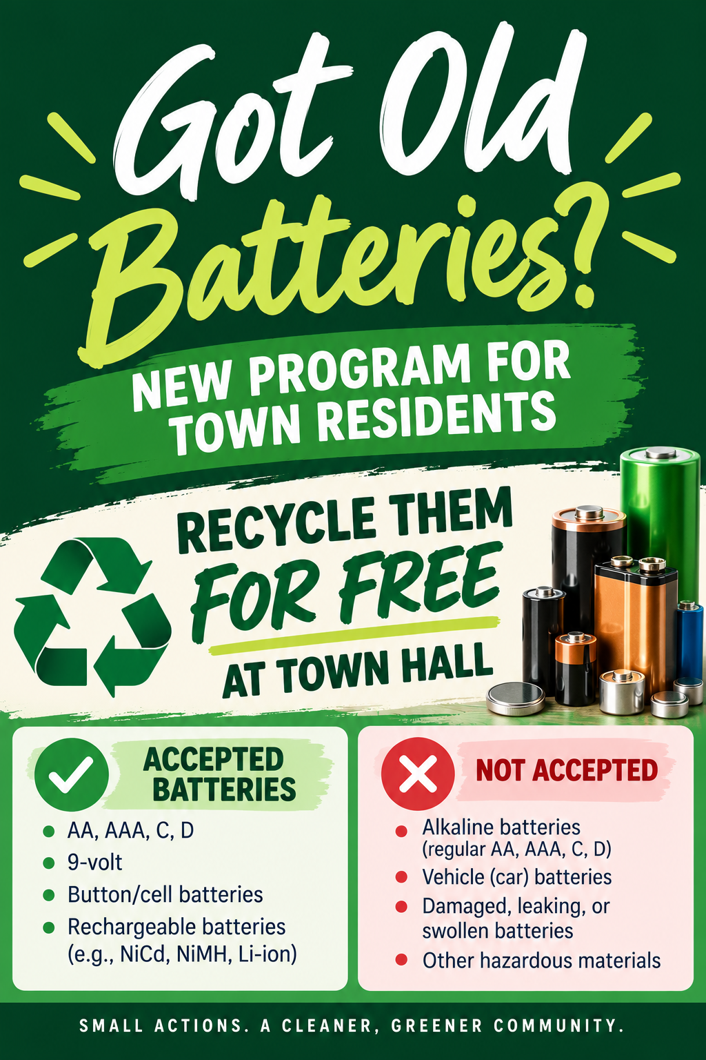Recycle old batteries at Town Hall Recycle old batteries at Town Hall