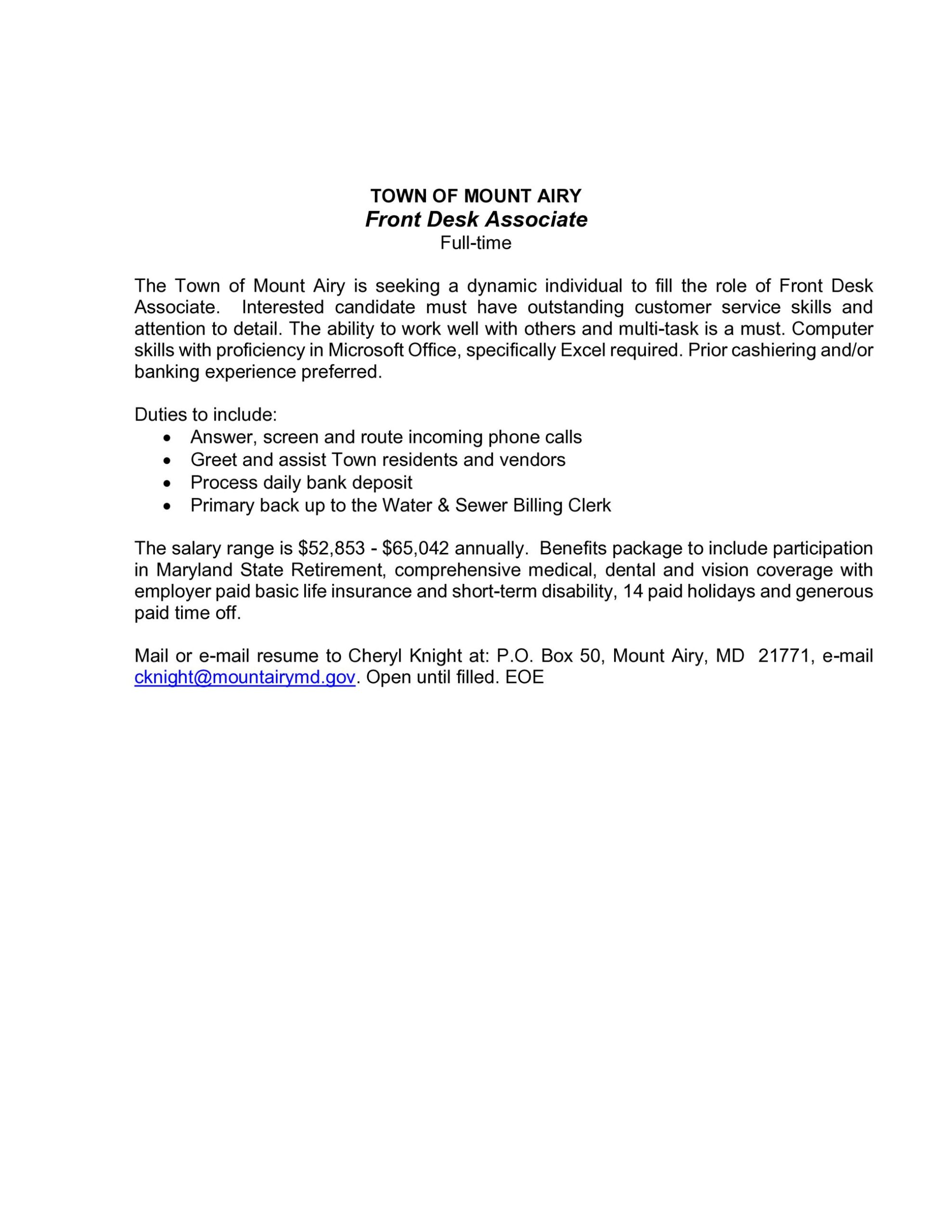 NOW HIRING — Front Desk Associate NOW HIRING — Front Desk Associate